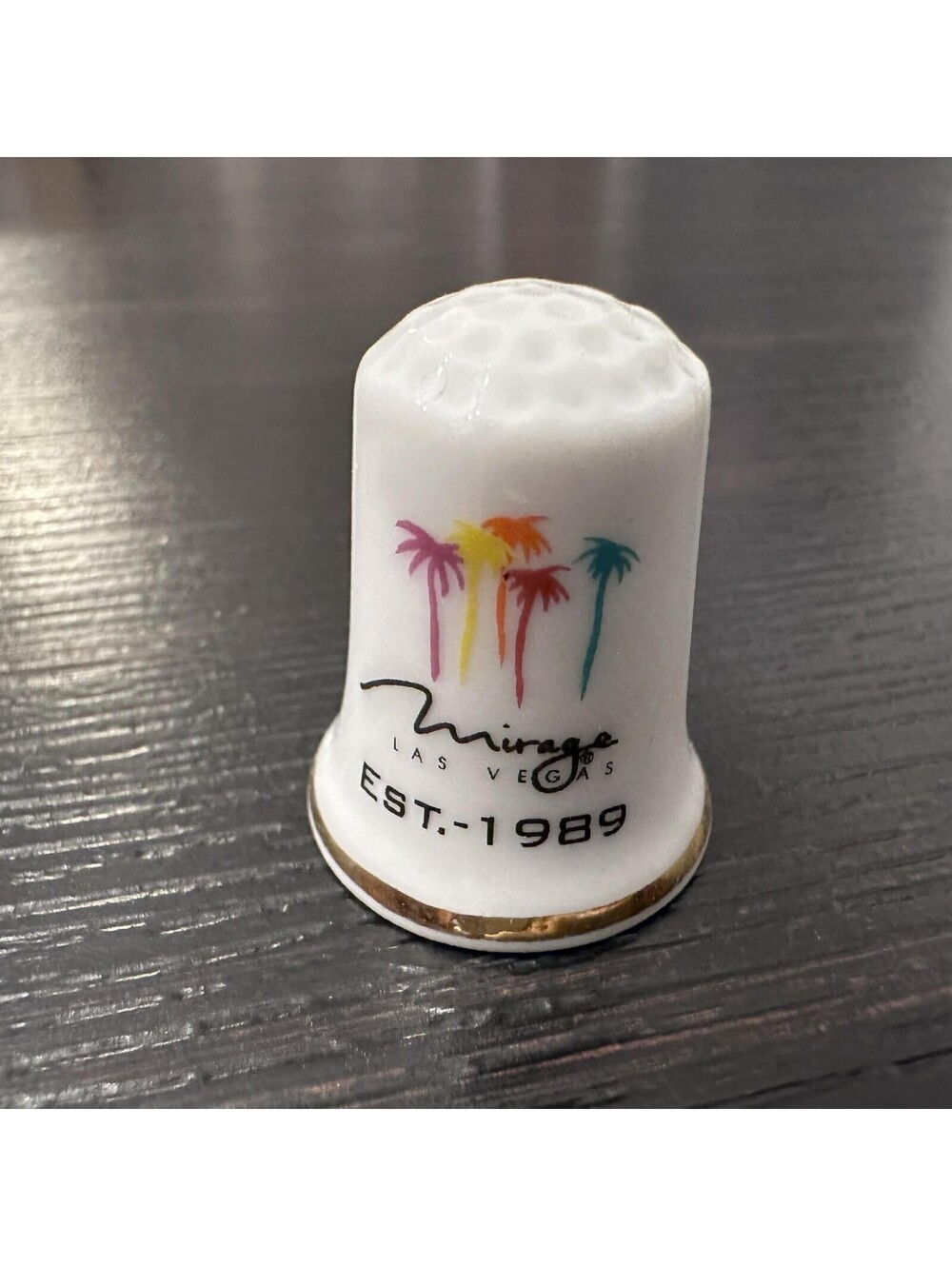 Vintage Mirage Las Vegas Est 1989 Palm Trees Souvenir Thimble Gold Trim EUC